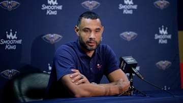 Oct 2, 2023; New Orleans, LA, USA; New Orleans Pelicans general manager Trajan Langdon speaks during Media Day at the Smoothie King Center. Mandatory Credit: Matthew Hinton-Imagn Images