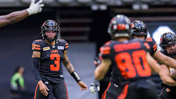 Jun 17, 2023; Vancouver, British Columbia, CAN; BC Lions quarterback Vernon Adams Jr. (3) passes the ball to BC Lions receiver Ayden Eberhardt (80) against the Edmonton Elks in the first half at BC Place. Mandatory Credit: Bob Frid-Imagn Images