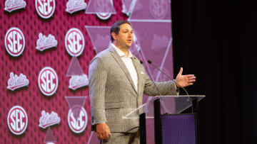 Jul 17, 2024; Dallas, TX, USA; Mississippi State head coach Jeff Lebby speaking at Omni Dallas Hotel. Mandatory Credit: Brett Patzke-USA TODAY Sports