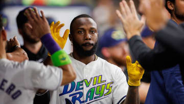 Jun 28, 2024; St. Petersburg, Florida, USA;  Tampa Bay Rays outfielder Randy Arozarena (56) celebrates after scoring a run against the Washington Nationals in the third inning at Tropicana Field. 