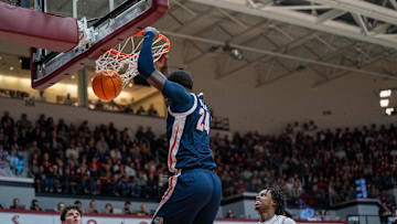 Gonzaga Bulldogs center Ismaila Diagne (24) dunks the basketball against the Santa Clara Broncos.
