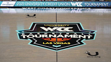 A detailed view of the West Coast Conference Tournament championship logo at center court at Orleans Arena.