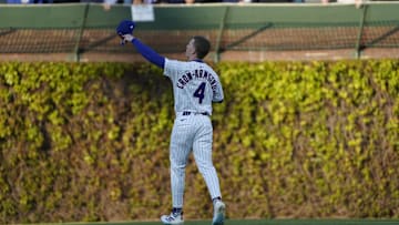 May 5, 2025; Chicago, Illinois, USA; Chicago Cubs outfielder Pete Crow-Armstrong (4) waves to the fans before a game against the San Francisco Giants at Wrigley Field. 