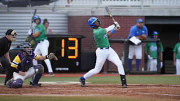 May 6, 2024; Oxford, AL, USA; University of West Florida’s Darrien McDowell (27) gets a hit during the GSC Baseball Tournament at Choccolocco Park. Mandatory Credit: Kyle Schwab-Imagn Images