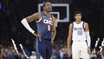 Dec 5, 2025; Oklahoma City, Oklahoma, USA; Oklahoma City Thunder guard Jalen Williams (8) stands during Dallas Mavericks free throw shots during the second quarter at Paycom Center. Mandatory Credit: Alonzo Adams-Imagn Images