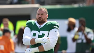 Sep 14, 2025; East Rutherford, New Jersey, USA; New York Jets defensive tackle Harrison Phillips (97) before the game against the Buffalo Bills at MetLife Stadium. Mandatory Credit: Vincent Carchietta-Imagn Images