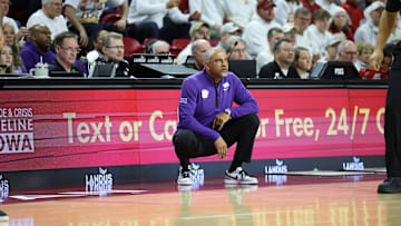 Feb 1, 2025; Ames, Iowa, USA;  Kansas State Wildcats head coach Jerome Tang watches his team play the Iowa State Cyclones during the first half at James H. Hilton Coliseum. Mandatory Credit: Reese Strickland-Imagn Images