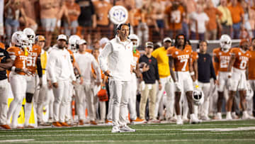 Oct 19, 2024; Austin, Texas, USA; Texas Longhorns head coach Steve Sarkisian in the third quarter against the Georgia Bulldogs at Darrell K Royal-Texas Memorial Stadium. Mandatory Credit: Brett Patzke-Imagn Images