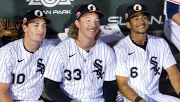 Chicago White Sox prospects Sam Antonacci (left), Hagen Smith (center) and Braden Montgomery (right) during the Arizona Fall League Fall Stars Game at Sloan Park. 