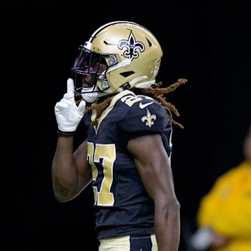 Oct 1, 2023; New Orleans, Louisiana, USA; New Orleans Saints cornerback Isaac Yiadom (27) celebrates an inception against the Tampa Bay Buccaneers during the second quarter at the Caesars Superdome. Mandatory Credit: Matthew Hinton-Imagn Images