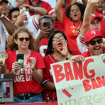 Nov 10, 2024; Tampa, Florida, USA; San Francisco 49ers fans cheer after they beat the Tampa Bay Buccaneers at Raymond James Stadium. Mandatory Credit: Kim Klement Neitzel-Imagn Images