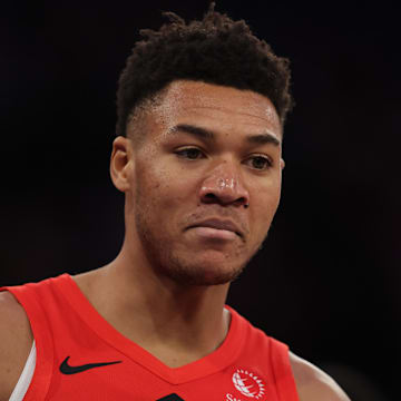Dec 23, 2024; New York, New York, USA; Toronto Raptors center Ulrich Chomche (22) during the fourth quarter at Madison Square Garden. Mandatory Credit: Brad Penner-Imagn Images