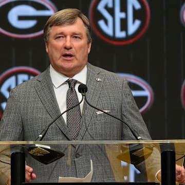 July 15, 2025; Atlanta, GA, USA; Georgia head coach Kirby Smart speaks in the Main Media Room during SEC Media Days at the College Football Hall of Fame in Atlanta.