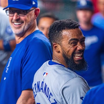 Aug 30, 2024; Phoenix, Arizona, USA; Los Angeles Dodgers outfielder Teoscar Hernandez (37) reacts after scoring in the seventh inning for a game against the Arizona Diamondbacks at Chase Field. Mandatory Credit: Allan Henry-Imagn Images