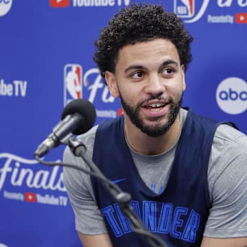 Jun 4, 2025; Oklahoma City, OK, USA; Oklahoma City Thunder guard Ajay Mitchell (25) during NBA Finals Media Day at Paycom Center. Mandatory Credit: Alonzo Adams-Imagn Images