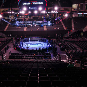 Dec 2, 2023; Austin, Texas, USA; The octagon is ready for UFC Fight Night at Moody Center.