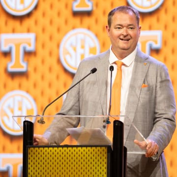 Jul 16, 2024; Dallas, TX, USA; Tennessee head coach Josh Heupel speaking at Omni Dallas Hotel. Mandatory Credit: Brett Patzke-USA TODAY Sports