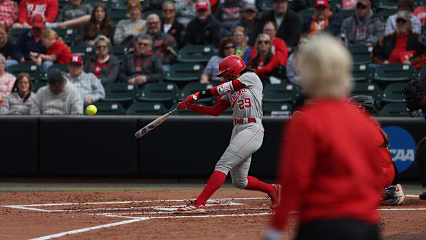 Nebraska third baseman Samantha Bland swings at a pitch against Maryland at Bowlin Stadium on May 2, 2025.