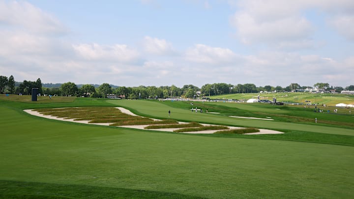 A wide view of the Church Pew bunker at Oakmont Country Club during the 2025 U.S. Open
