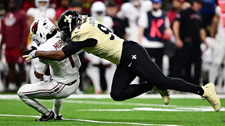 New Orleans Saints defensive end Cam Jordan (94) sacks Arizona Cardinals quarterback Kyler Murray (1) on Sep. 7, 2025.