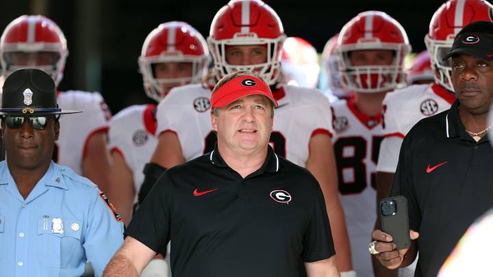 Oct 28, 2023; Jacksonville, Florida, USA; Georgia Bulldogs head coach Kirby Smart leads his players out of the tunnel prior to a game against the Florida Gators at EverBank Stadium. Mandatory Credit: Kim Klement Neitzel-Imagn Images