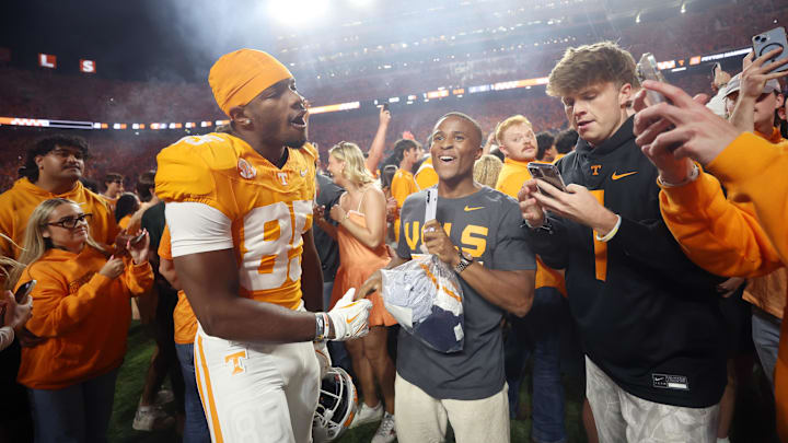 Oct 19, 2024; Knoxville, Tennessee, USA; Tennessee Volunteers wide receiver Nathan Leacock (85) celebrates with fans after defeating the Alabama Crimson Tide at Neyland Stadium. Mandatory Credit: Alan Poizner-Imagn Images
