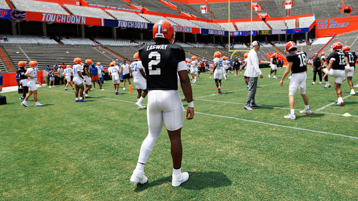Florida Gators quarterback DJ Lagway (2) looks on during fall football practice at Ben Hill Griffin Stadium at the University of Florida in Gainesville, FL on Saturday, August 2, 2025. [Matt Pendleton/Gainesville Sun]
