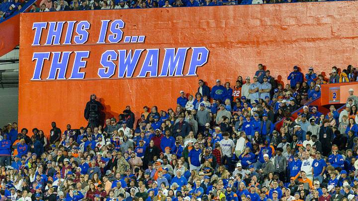 Nov 29, 2025; Gainesville, Florida, USA; The Swamp signage at Ben Hill Griffin Stadium. Mandatory Credit: Bob Kupbens-Imagn Images