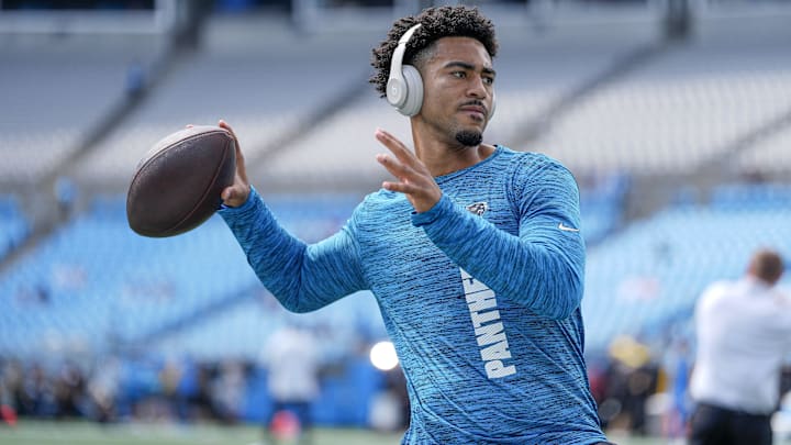 Sep 15, 2024; Charlotte, North Carolina, USA;  Carolina Panthers quarterback Bryce Young (9) throws during pregame warm ups against the Carolina Panthers at Bank of America Stadium. Mandatory Credit: Jim Dedmon-Imagn Images