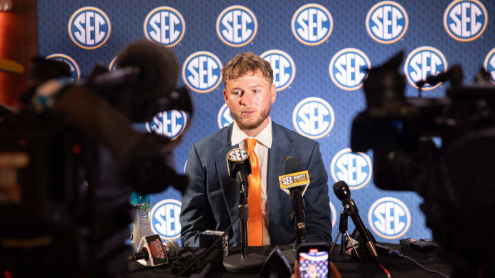 Jul 17, 2024; Dallas, TX, USA; Texas quarterback Quinn Ewers speaking at Omni Dallas Hotel. Mandatory Credit: Brett Patzke-USA TODAY Sports