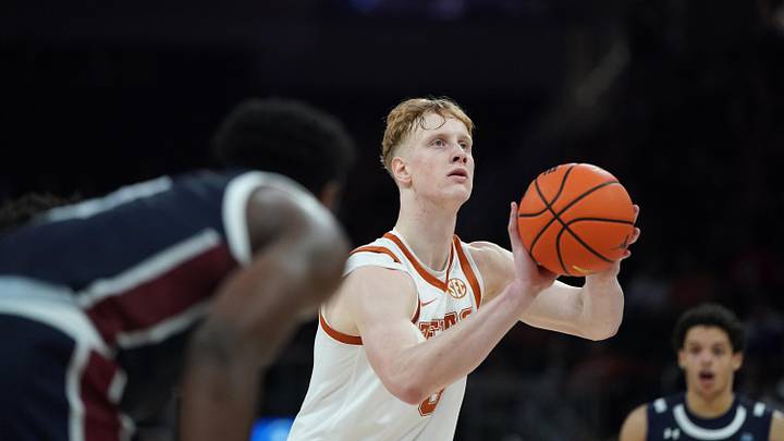 Nov 12, 2025; Austin, Texas, USA; Texas Longhorns center Matas Vokietaitis (8) shoots a free throw during the first half against Fairleigh Dickinson at Moody Center.