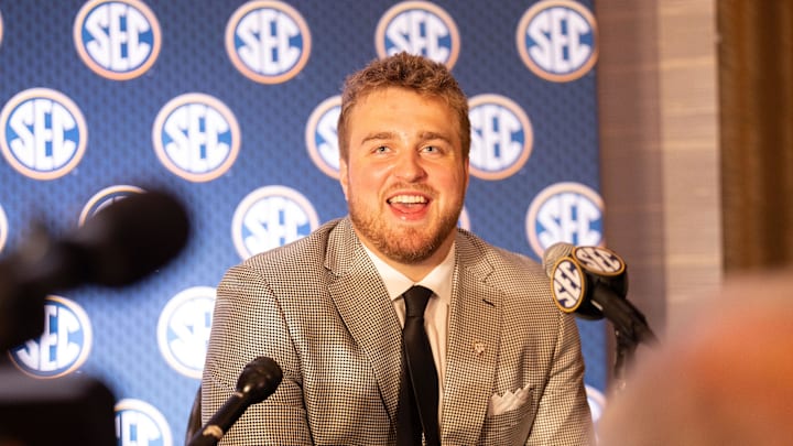 Jul 18, 2024; Dallas, TX, USA; Texas A&M offensive lineman Trey Zuhn III speaks to the media at Omni Dallas Hotel. Mandatory Credit: Brett Patzke-Imagn Images