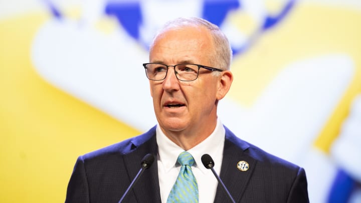 Jul 15, 2024; Dallas, TX, USA; SEC commissioner Greg Sankey speaking at Omni Dallas Hotel. Mandatory Credit: Brett Patzke-USA TODAY Sports