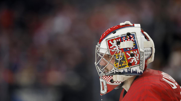Feb 13, 2026; Milan, Italy; Daniel Vladar of Czech Republic against France in men's ice hockey group A play during the Milano Cortina 2026 Olympic Winter Games at Milano Santagiulia Ice Hockey Arena.