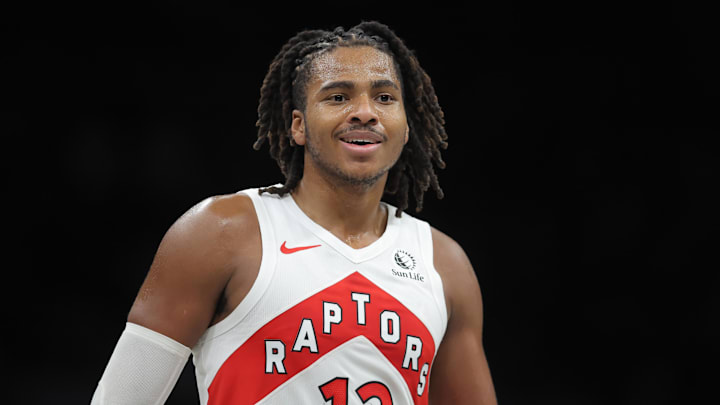 Nov 11, 2025; Brooklyn, New York, USA; Toronto Raptors forward Collin Murray-Boyles (12) during the third quarter against the Brooklyn Nets at Barclays Center. Mandatory Credit: Brad Penner-Imagn Images