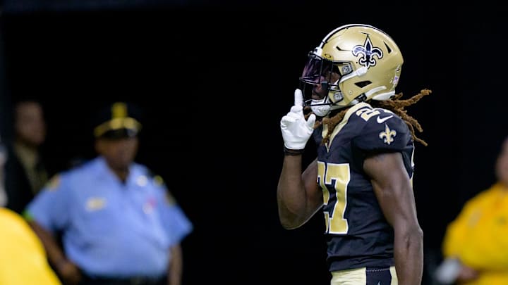 Oct 1, 2023; New Orleans, Louisiana, USA; New Orleans Saints cornerback Isaac Yiadom (27) celebrates an inception against the Tampa Bay Buccaneers during the second quarter at the Caesars Superdome. Mandatory Credit: Matthew Hinton-Imagn Images