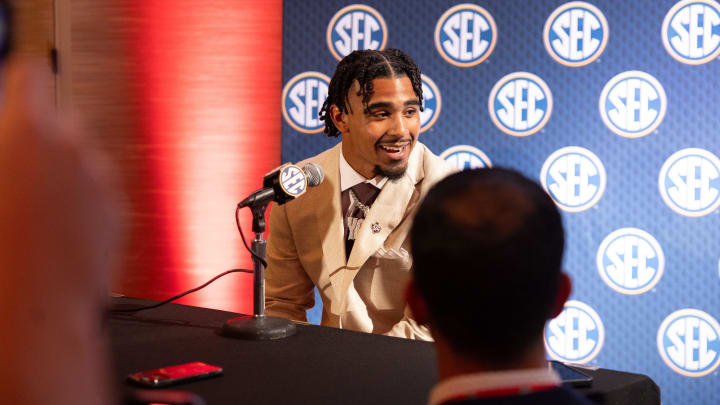 Jul 18, 2024; Dallas, TX, USA; Texas A&M linebacker Taurean York speaks to the media at Omni Dallas Hotel. 