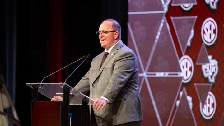 Jul 18, 2024; Dallas, TX, USA; Texas A&M head coach Mike Elko speaking at Omni Dallas Hotel. Mandatory Credit: Brett Patzke-USA TODAY Sports