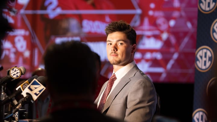 Jul 16, 2024; Dallas, TX, USA; Oklahoma quarterback Jackson Arnold speaking at Omni Dallas Hotel. Mandatory Credit: Brett Patzke-USA TODAY Sports