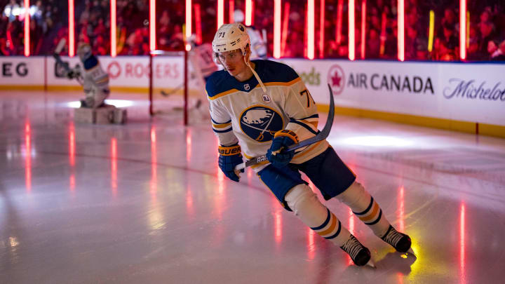 Mar 19, 2024; Vancouver, British Columbia, CAN; Buffalo Sabres forward Victor Olofsson (71) skates prior to the start of a game against the Vancouver Canucks at Rogers Arena. Vancouver won 3 -2. Mandatory Credit: Bob Frid-USA TODAY Sports