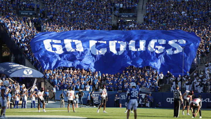 Oct 21, 2023; Provo, Utah, USA; The Brigham Young Cougars students display TIFOs before kickoff against the Texas Tech Red Raiders at LaVell Edwards Stadium. Mandatory Credit: Rob Gray-USA TODAY Sports