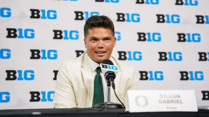 Jul 25, 2024; Indianapolis, IN, USA; Oregon Ducks quarterback Dillon Gabriel speaks to the media during the Big 10 football media day at Lucas Oil Stadium. Mandatory Credit: Robert Goddin-USA TODAY Sports