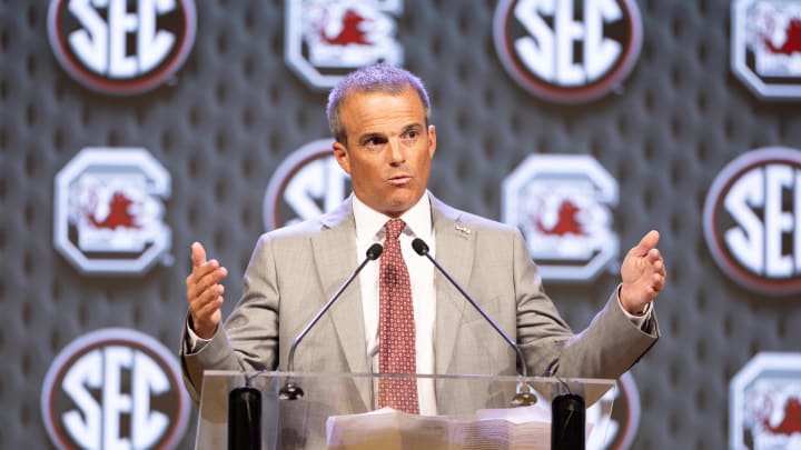 Jul 15, 2024; Dallas, TX, USA; South Carolina head coach Shane Beamer speaking to the media at Omni Dallas Hotel. Mandatory Credit: Brett Patzke-USA TODAY Sports