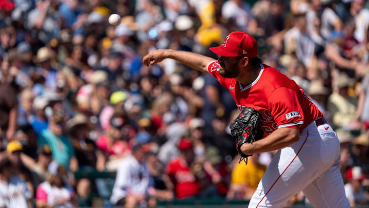 Mar 10, 2024; Tempe, Arizona, USA; Los Angeles Angeles pitcher Chase Silseth (63) on the mound in the second inning during a spring training game against the San Diego Padres at Tempe Diablo Stadium. Mandatory Credit: Allan Henry-Imagn Images Mar 10, 2024; Tempe, Arizona, USA; Los Angeles Angeles pitcher Chase Silseth (63) on the mound in the second inning during a spring training game against the San Diego Padres at Tempe Diablo Stadium. Mandatory Credit: Allan Henry-Imagn Images