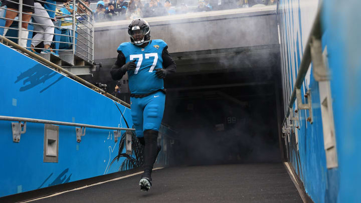 Jacksonville Jaguars offensive tackle Anton Harrison (77) takes to the field before an NFL football game Sunday, Nov. 12, 2023 at EverBank Stadium in Jacksonville, Fla. The San Francisco 49ers defeated the Jacksonville Jaguars 34-3. [Corey Perrine/Florida Times-Union]