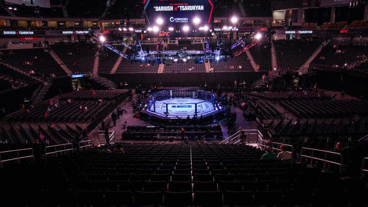 Dec 2, 2023; Austin, Texas, USA; The octagon is ready for UFC Fight Night at Moody Center.