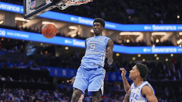 Mar 14, 2025; Charlotte, NC, USA; North Carolina Tar Heels guard Drake Powell (9) with a dunk against the Duke Blue Devils during the first half at Spectrum Center. Mar 14, 2025; Charlotte, NC, USA; North Carolina Tar Heels guard Drake Powell (9) with a dunk against the Duke Blue Devils during the first half at Spectrum Center.