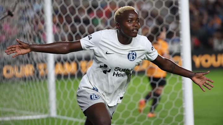 Bay FC forward Racheal Kundananji (9) celebrates the goal that clinched playoffs | Credit: Thomas Shea-Imagn Images