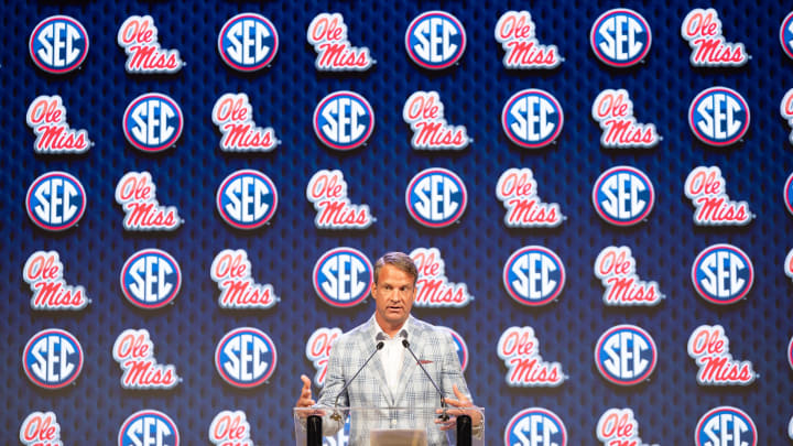 Jul 15, 2024; Dallas, TX, USA; Ole Miss head coach Lane Kiffin speaking at Omni Dallas Hotel. Mandatory Credit: Brett Patzke-USA TODAY Sports