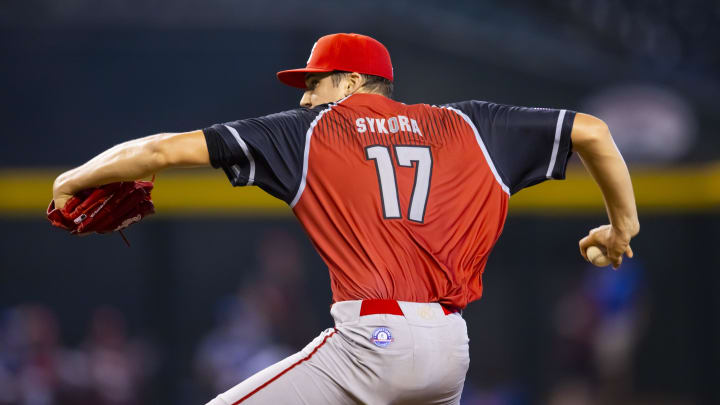 Aug 28, 2022; Phoenix, Arizona, US; West pitcher Travis Sykora pitches during the Perfect Game All-American Classic high school baseball game at Chase Field